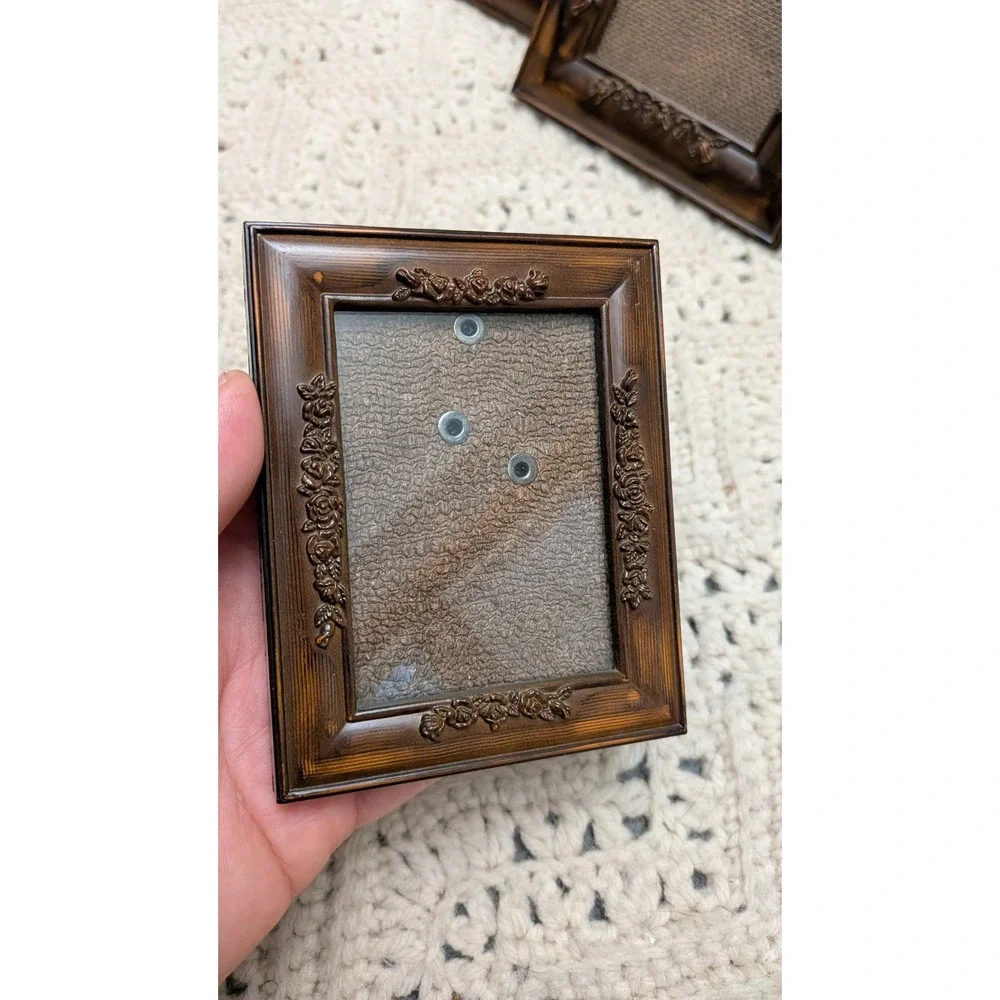 Vintage Rose Floral Picture Frame Set 3pc Dark Faux Wood Finish 2x3 4x6 5x7